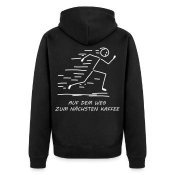 Auf dem Weg zum nächsten Kaffee - Strichmännchen - Unisex Premium Bio Zip Hoodie - Schwarz - Hinten - Nico (187cm)