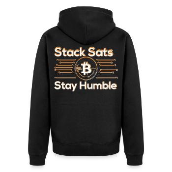 Stack Sats Stay Humble - Unisex Premium Bio Zip Hoodie - Schwarz - Hinten - Nico (187cm)