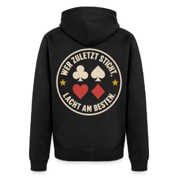 Wer zuletzt sticht lacht am besten – Skat Doko - Unisex Premium Bio Zip Hoodie - Schwarz - Hinten - Nico (187cm)