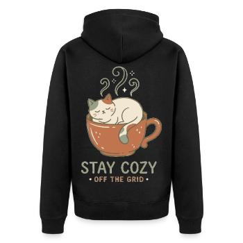 Katzenkuschel im Kaffeebecher - Unisex Premium Bio Zip Hoodie - Schwarz - Hinten - Nico (187cm)