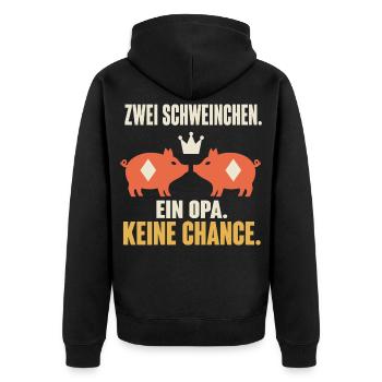  Zwei Schweinchen ein Opa keine Chance – Doko - Unisex Premium Bio Zip Hoodie - Schwarz - Hinten - Nico (187cm)