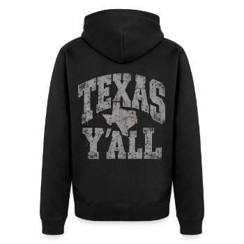 Texas Yall Distressed State Tee - Unisex Premium Bio Zip Hoodie - Schwarz - Hinten - Nico (187cm)