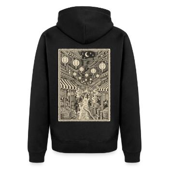 Linoleumschnitt der Laternen-Nachtmarktstraße - Unisex Premium Bio Zip Hoodie - Schwarz - Hinten - Nico (187cm)