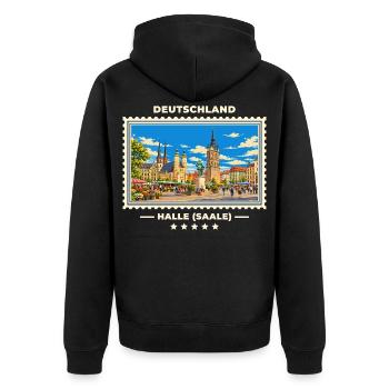 Deutschland Halle (Saale) Vintage Reisemarke - Unisex Premium Bio Zip Hoodie - Schwarz - Hinten - Nico (187cm)