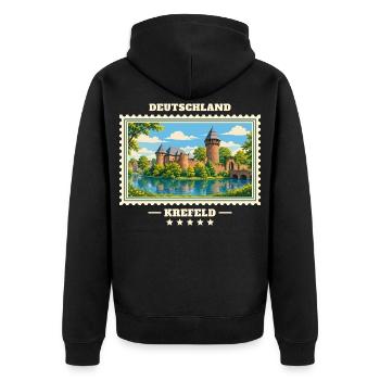 Deutschland Krefeld Vintage Reisemarke - Unisex Premium Bio Zip Hoodie - Schwarz - Hinten - Nico (187cm)