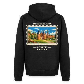 Deutschland Lübeck Vintage Reisemarke - Unisex Premium Bio Zip Hoodie - Schwarz - Hinten - Nico (187cm)