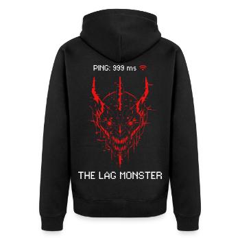 The Lag Monster Gamer Zocker Spruch High Ping - Unisex Premium Bio Zip Hoodie - Schwarz - Hinten - Nico (187cm)