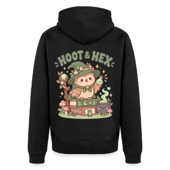 Hoot & Hex Waldzauber Eule - Unisex Premium Bio Zip Hoodie - Schwarz - Hinten - Nico (187cm)