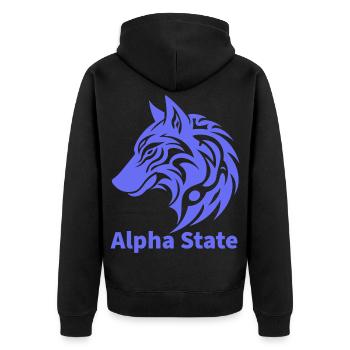 Alpha State Wolf-Emblem - Unisex Premium Bio Zip Hoodie - Schwarz - Hinten - Nico (187cm)