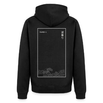 Spieler 1 Wave Rider Line Art Japanischer Gamer - Unisex Premium Bio Zip Hoodie - Schwarz - Hinten - Nico (187cm)