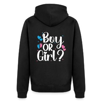Frage zur Geschlechterenthüllung zum Jungen oder Mädchen Geschlechtenenthüllung - Unisex Premium Bio Zip Hoodie - Schwarz - Hinten - Nico (187cm)