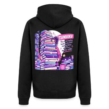 Tsundoku Master Artist: Riesiger Bücherstapel - Unisex Premium Bio Zip Hoodie - Schwarz - Hinten - Nico (187cm)