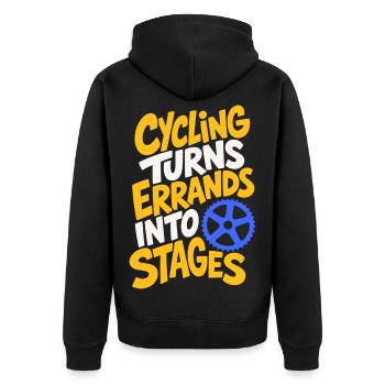 Radfahren – Cycling Turns Errands into Stages - Unisex Premium Bio Zip Hoodie - Schwarz - Hinten - Nico (187cm)