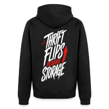 Secondhand-Humor – Thrift Flips Require Storage - Unisex Premium Bio Zip Hoodie - Schwarz - Hinten - Nico (187cm)