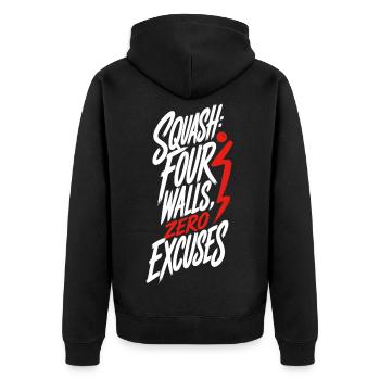 Squash – Four Walls Zero Excuses - Unisex Premium Bio Zip Hoodie - Schwarz - Hinten - Nico (187cm)