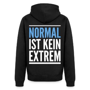 Normal ist kein Extrem Statement - Unisex Premium Bio Zip Hoodie - Schwarz - Hinten - Nico (187cm)