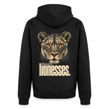 Raised By Lionesses Löwin Löwenmama Starke Frauen - Unisex Premium Bio Zip Hoodie - Schwarz - Hinten - Nico (187cm)