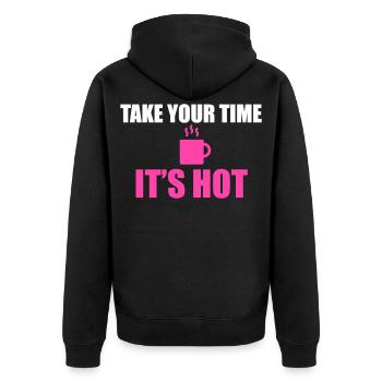 Lass dir Zeit, es ist Hot Mug Tee - Unisex Premium Bio Zip Hoodie - Schwarz - Hinten - Nico (187cm)