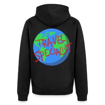 Weltreise Spezialist – Globale Abenteuer - Unisex Premium Bio Zip Hoodie - Schwarz - Hinten - Nico (187cm)