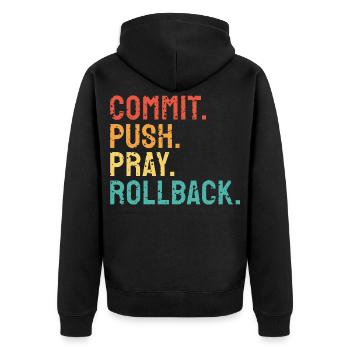 Commit Push Pray Rollback DevOps Engineer - Unisex Premium Bio Zip Hoodie - Schwarz - Hinten - Nico (187cm)