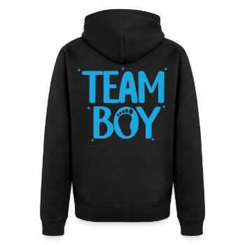 Ankündigung zur Geschlechtsenthülle zum Fußabdruck von Team Boy Baby - Unisex Premium Bio Zip Hoodie - Schwarz - Hinten - Nico (187cm)