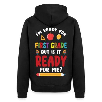 Einschulung Schulanfang Erste Klasse Schule - Unisex Premium Bio Zip Hoodie - Schwarz - Hinten - Nico (187cm)