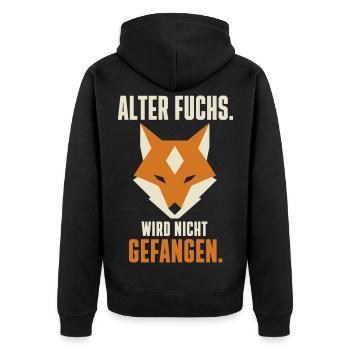 Alter Fuchs wird nicht gefangen – Doppelkopf - Unisex Premium Bio Zip Hoodie - Schwarz - Hinten - Nico (187cm)