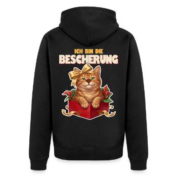 Weihnachtskatze - Ich bin die Bescherung - Unisex Premium Bio Zip Hoodie - Schwarz - Hinten - Nico (187cm)