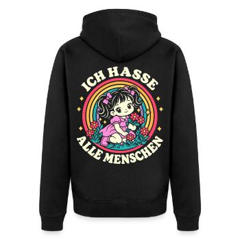 Ich hasse alle Menschen – Blumenmädchen - Unisex Premium Bio Zip Hoodie - Schwarz - Hinten - Nico (187cm)