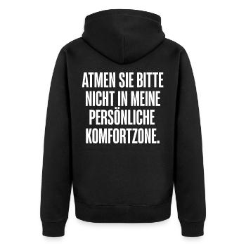 Lustiger Spruch Komfortzone - Unisex Premium Bio Zip Hoodie - Schwarz - Hinten - Nico (187cm)