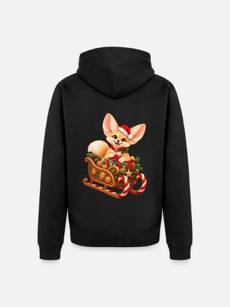 Fennek mit weihnachtlichem Nussschlitten - Unisex Premium Bio Zip Hoodie - Schwarz