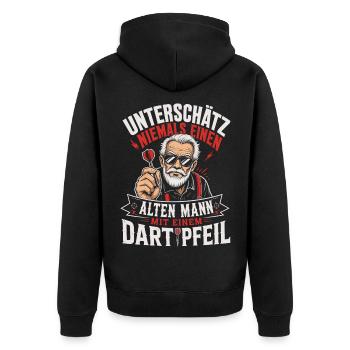 Alter Mann mit Dartpfeil - Unisex Premium Bio Zip Hoodie - Schwarz - Hinten - Nico (187cm)