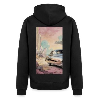 Retro Dream auf Pastelwüste - Unisex Premium Bio Zip Hoodie - Schwarz - Hinten - Nico (187cm)