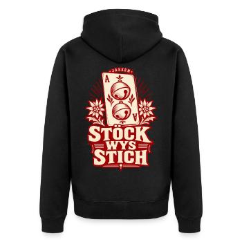 Stöck Wys Stich – Schellen-Ass Retro - Unisex Premium Bio Zip Hoodie - Schwarz - Hinten - Nico (187cm)