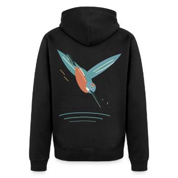 Tauchender Eisvogel über River Ripples - Unisex Premium Bio Zip Hoodie - Schwarz - Hinten - Nico (187cm)