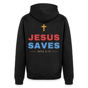 Jesus Saves – Acts 4:12 Christian - Unisex Premium Bio Zip Hoodie - Schwarz - Hinten - Nico (187cm)