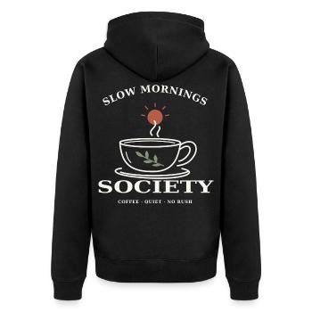 Slow Mornings Society – Kaffee & Ruhe - Unisex Premium Bio Zip Hoodie - Schwarz - Hinten - Nico (187cm)