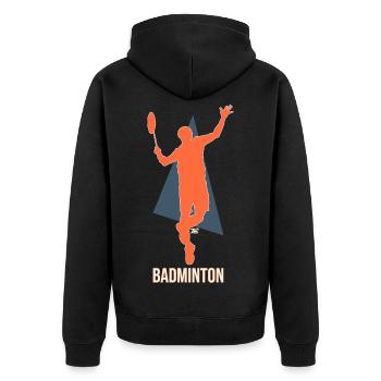 Badmintonspieler beim Smash - Retro Stil - Unisex Premium Bio Zip Hoodie - Schwarz - Hinten - Nico (187cm)