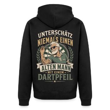 Alter Mann mit Dartpfeil - Unisex Premium Bio Zip Hoodie - Schwarz - Hinten - Nico (187cm)