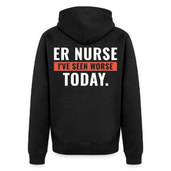 Notaufnahme-Schwester Ich habe heute schon Schlimmeres gesehen - Unisex Premium Bio Zip Hoodie - Schwarz - Hinten - Nico (187cm)
