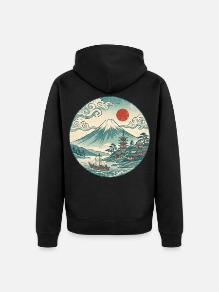 Fuji mit roter Sonne und Pagode - Unisex Premium Bio Zip Hoodie - Schwarz