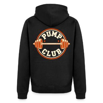 Pump Club – Langhantel Retro-Abzeichen - Unisex Premium Bio Zip Hoodie - Schwarz - Hinten - Nico (187cm)