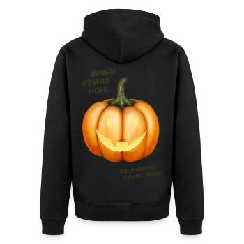 Innen etwas hohl, aber grinse sympathisch - Kürbis - Unisex Premium Bio Zip Hoodie - Schwarz - Hinten - Nico (187cm)
