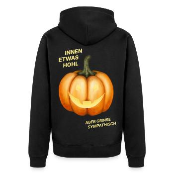 Innen etwas hohl, aber grinse sympathisch - Kürbis - Unisex Premium Bio Zip Hoodie - Schwarz - Hinten - Nico (187cm)