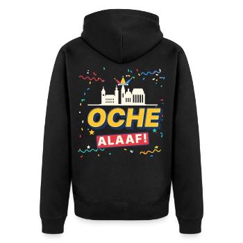 Oche Alaaf Retro Aachen Karneval Skyline Konfetti - Unisex Premium Bio Zip Hoodie - Schwarz - Hinten - Nico (187cm)