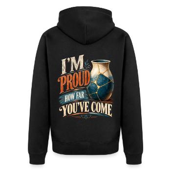 Ich bin stolz darauf, wie weit du gekommen bist - Unisex Premium Bio Zip Hoodie - Schwarz - Hinten - Nico (187cm)
