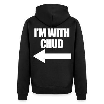 Ich bin bei Chud Arrow Left Funny Chud - Unisex Premium Bio Zip Hoodie - Schwarz - Hinten - Nico (187cm)
