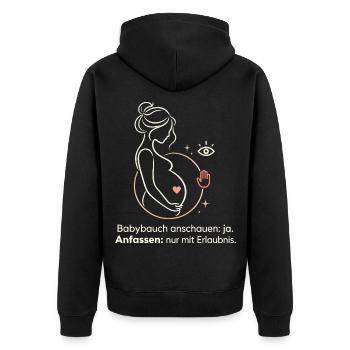 Schwangerschaft Babybauch anfassen Spruch - Unisex Premium Bio Zip Hoodie - Schwarz - Hinten - Nico (187cm)