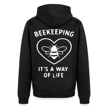 Bienenhaltung: Herz als Lebensweg - Unisex Premium Bio Zip Hoodie - Schwarz - Hinten - Nico (187cm)