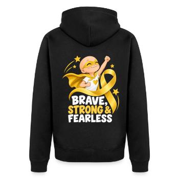 BRAVE, STRONG & FEARLESS – Kinderkrebs Mut - Unisex Premium Bio Zip Hoodie - Schwarz - Hinten - Nico (187cm)